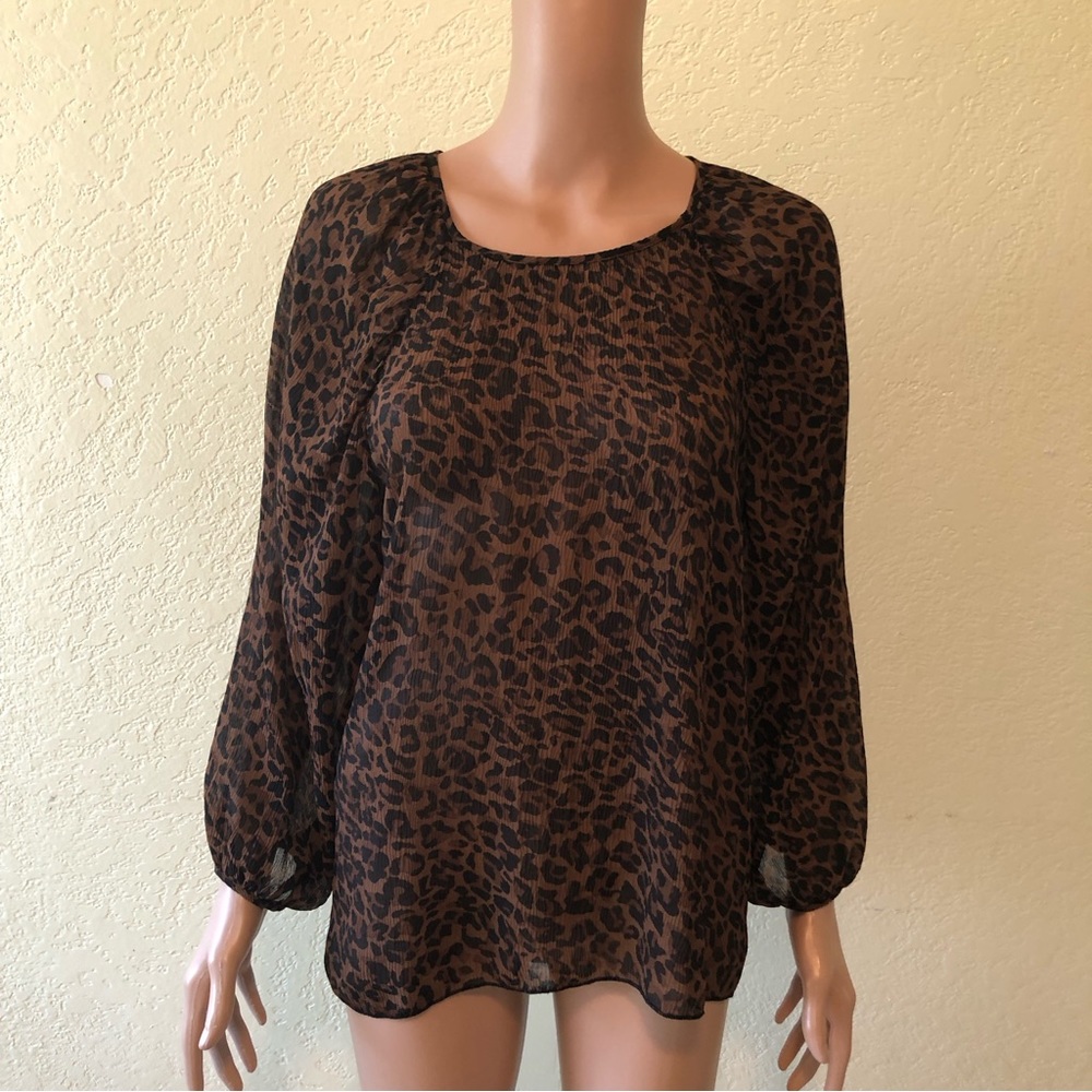 ZARA WtSize XS Brown/Black Leopard Animal Print Blouse Long Sleeves Crape Shirt
